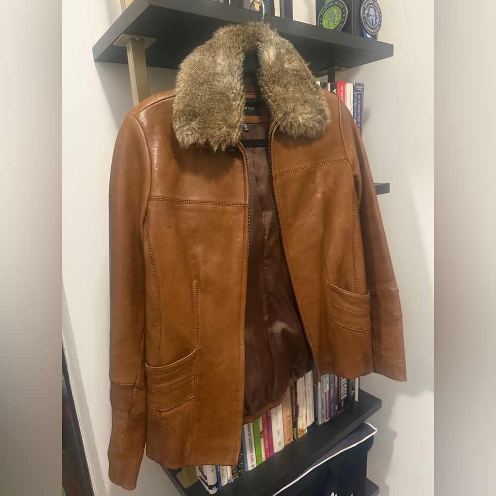 Jones New York Brown Leather Jacket with Fur Collar